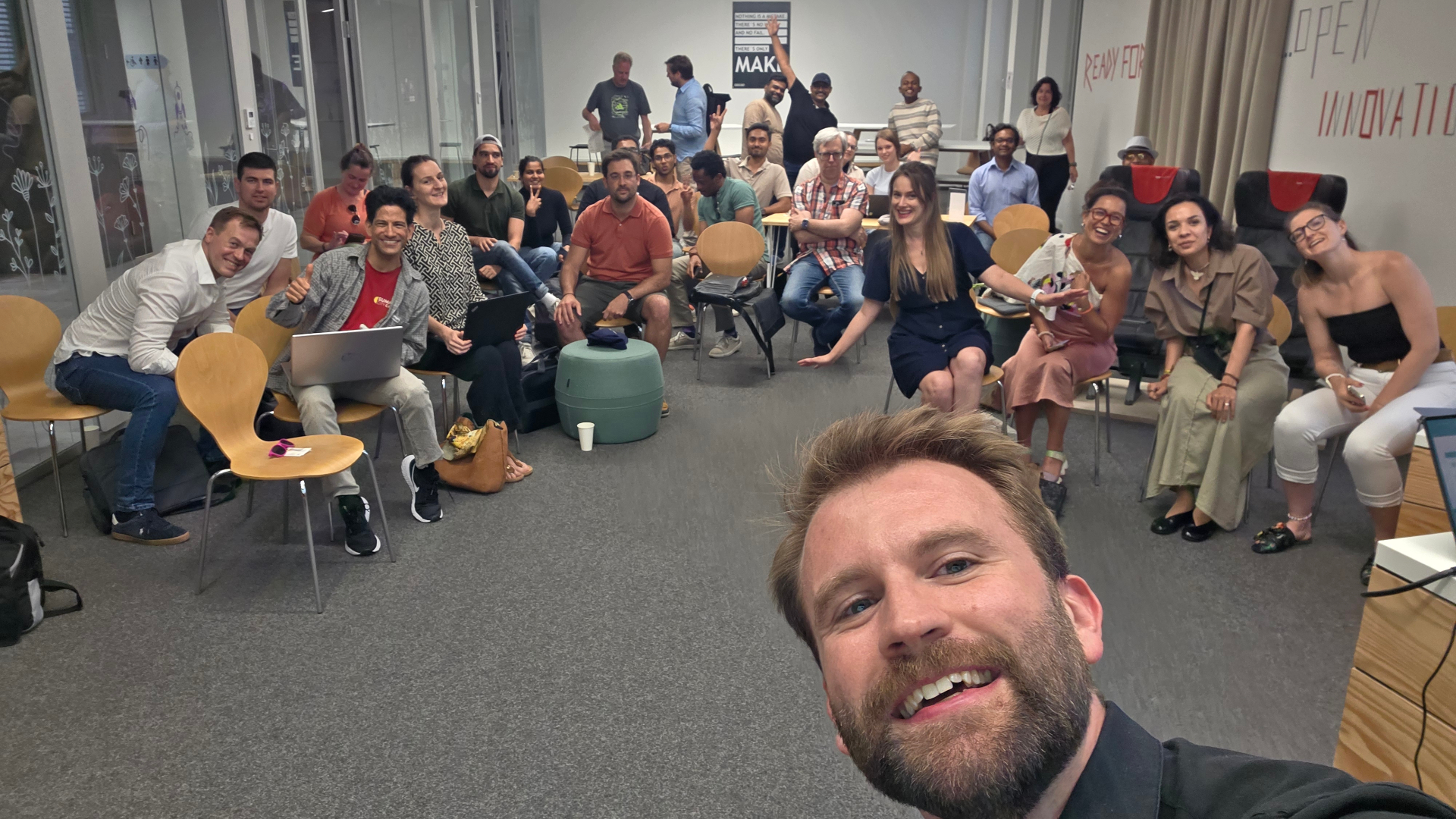 Group photo of Founder Institute Austria build night participants after the showcases at ÖBB Innovation Factory Vienna.